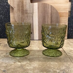 2 VINTAGE Anchor Hocking MILANO GREEN On the Rocks Crinkle Glass
